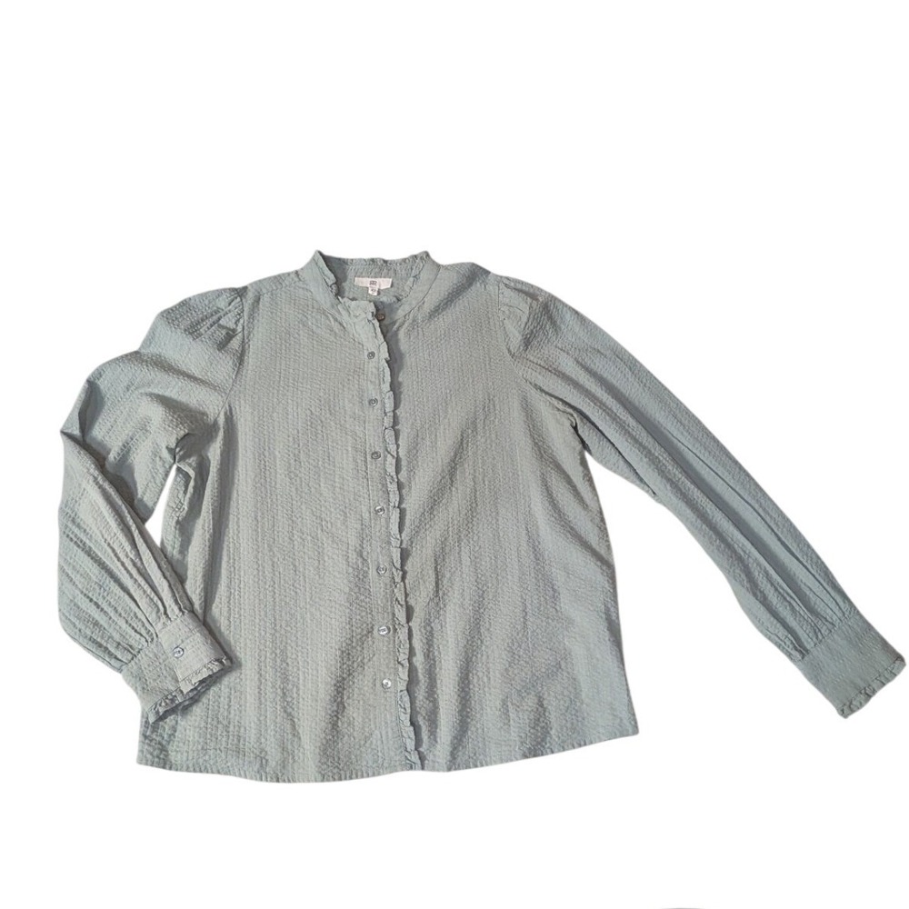 La Redoute Sage Green Seersucker Ruffle Button Down Blouse Top Womens 42 FR